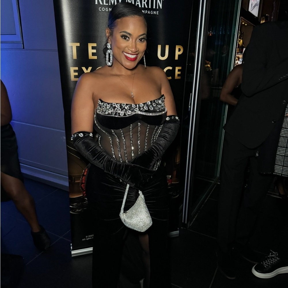 Black and Silver Strapless Dress with Gloves